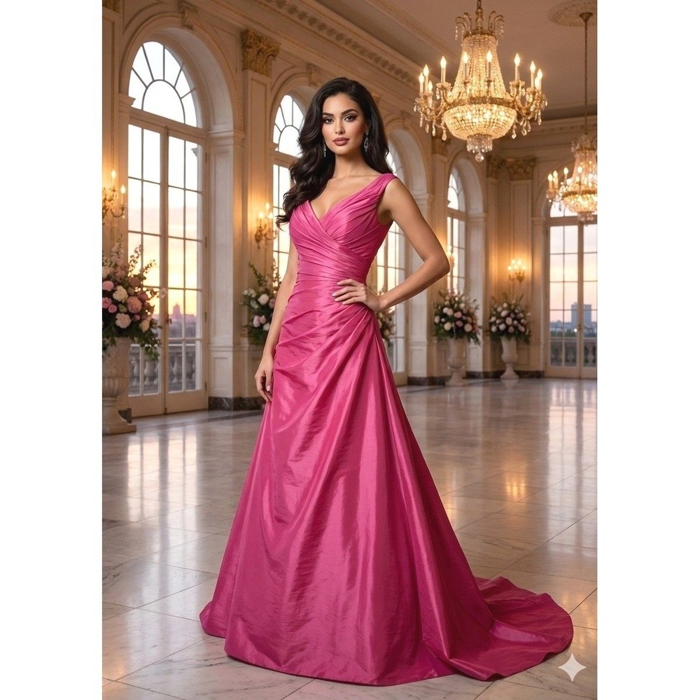 Romona Keveza Collection Pink 100%Silk Ruched Gown Formal Evening Dress‎ Size 10